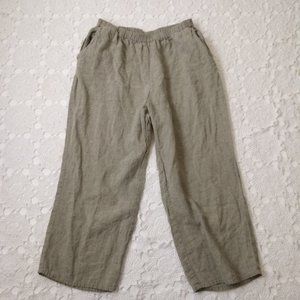 Flax Pull On Pants 100% Linen Sage Green Wide Leg Elastic Waist Large Women